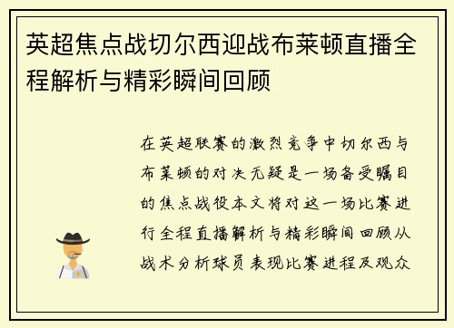 英超焦点战切尔西迎战布莱顿直播全程解析与精彩瞬间回顾